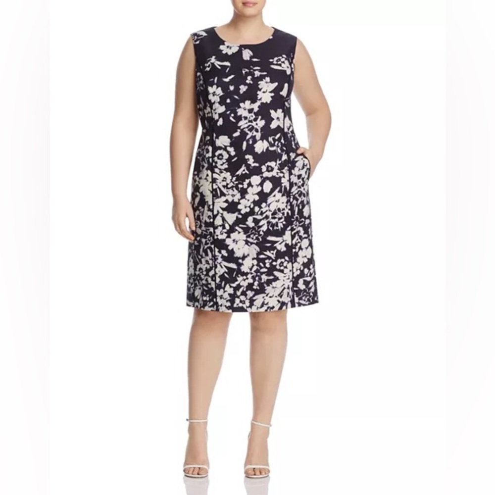 Lafayette 148 New York Dress 14 Evelyn Augusto Floral Navy Blue Sheath 14W SOLD